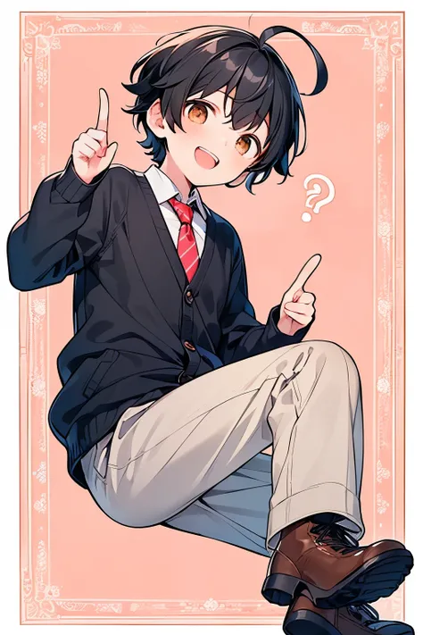 ((A boy:1.3)),((handsome:1.3)),((black hair:1.25)),((short hair:1.25)),((brown eyes)),((ahoge:1.25)),(front view:1.0),(Thick clothing and long sleeves:1.1),(blue check pattern cardigan:1.1),(necktie:1.1),(slacks:1.0),(tilt one's head:1.0),(pointing:1.1),//...