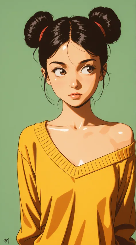 style retro classic, master piece:1.5、(minimal art, line drawing), illustrated anime, upper body, eye focus, (eyes looking off to the side), shiny skin, cartoonish character design。1 girl, alone，big eyes，Cute expression，1 bun，yellow loose sweater，hand，avat...