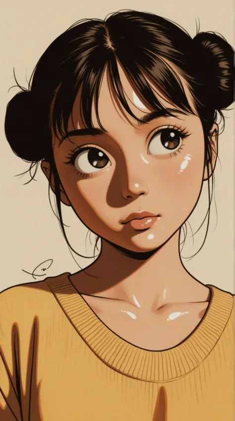 style retro classic, master piece:1.5、(minimal art, line drawing), illustrated anime, upper body, eye focus, (eyes looking off to the side), shiny skin, cartoonish character design。1 girl, alone，big eyes，Cute expression，1 bun，yellow loose sweater，hand，avat...