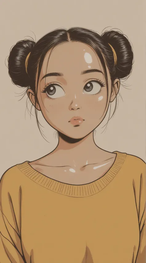 style retro classic, master piece:1.5、(minimal art, line drawing), illustrated anime, upper body, eye focus, (eyes looking off to the side), shiny skin, cartoonish character design。1 girl, alone，big eyes，Cute expression，1 bun，yellow loose sweater，hand，avat...