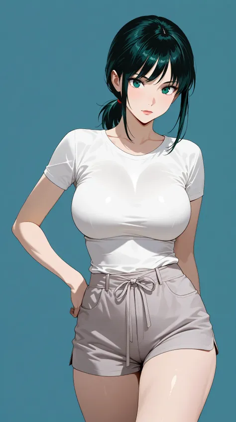 masterpiece, extremely detailed,4k,solo,1girl,adult ,((fullbody)),fubuki,slim body, sexy legs,perfect body,perfect skin texture,large breasts,housewife,grey short pants,white tshirt,pink niplples, soft light, high detailed, best quality, upper body,looking...