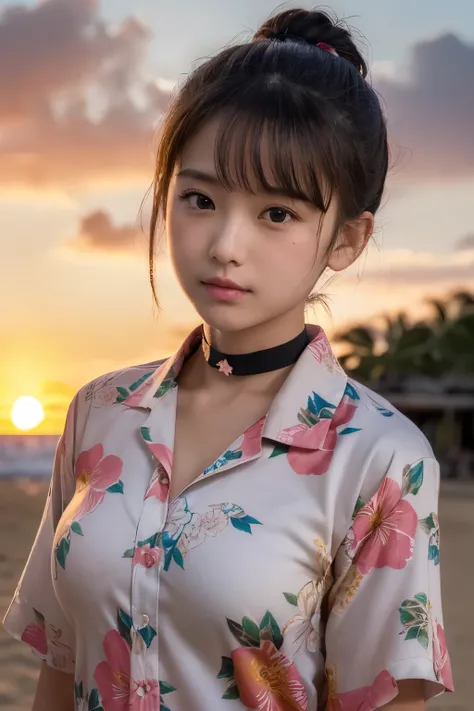 ((( Hawaii Sunset Beach )))、、(Please wear a floral Hawaiian shirt.。..:1.5)、(  natural skin texture,  hyperrealism, Soft light,  sharp), ( intricate details:0.9), ( NFFS DAW, hyperdetails:1.2), Soft light,  sharp,  Exposure Blend ,  mid-shot, Bokeh, ( NFFS ...