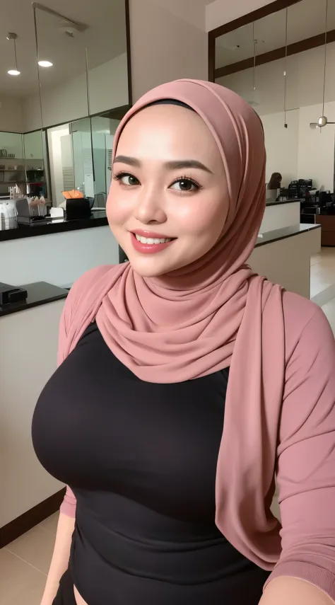 (iu:0.8), RAW, Best quality, high resolution, Masterpiece: 1.3, Beautiful  hijabi bbw chubby malay women ,big eyes, perfect nose, perfect bbw body, wearing sport bra, huge large big breast, Masterpiece, smile teeth.