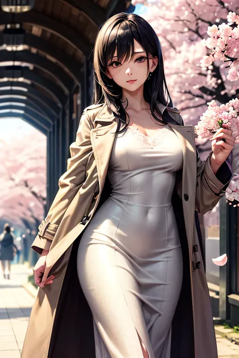 "A refined Japanese woman with long, silky black hain in a beige trench coat over a white lace dress, walking gracefully under a tunnel of blooming cherry blossoms. The soft petals fall around her ,radiating an air of quiet elegance.",(looking at a camera ...