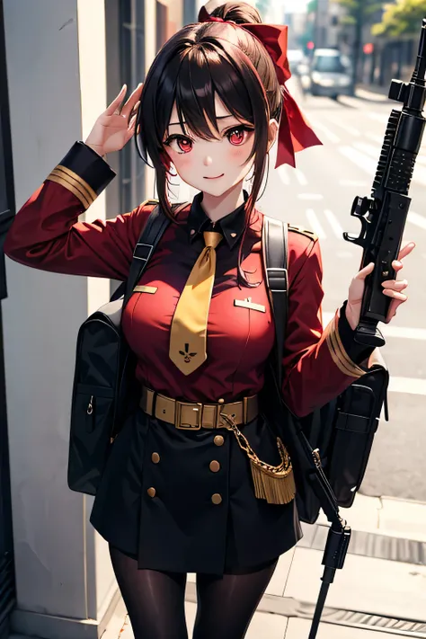  long hair、Dark purple ponytail hair 、 red ribbon、 red eyes、 red tie、 black and gold military mini dress、 black tights、 holding a large rifle 、 equipped with a backpack 