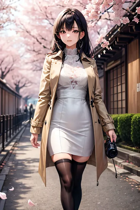 "A refined Japanese woman with long, silky black hain in a beige trench coat over a white lace dress, walking gracefully under a tunnel of blooming cherry blossoms. The soft petals fall around her ,radiating an air of quiet elegance.",(looking at a camera ...