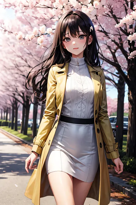 "A refined Japanese woman with long, silky black hain in a beige trench coat over a white lace dress, walking gracefully under a tunnel of blooming cherry blossoms. The soft petals fall around her ,radiating an air of quiet elegance.",(looking at a camera ...