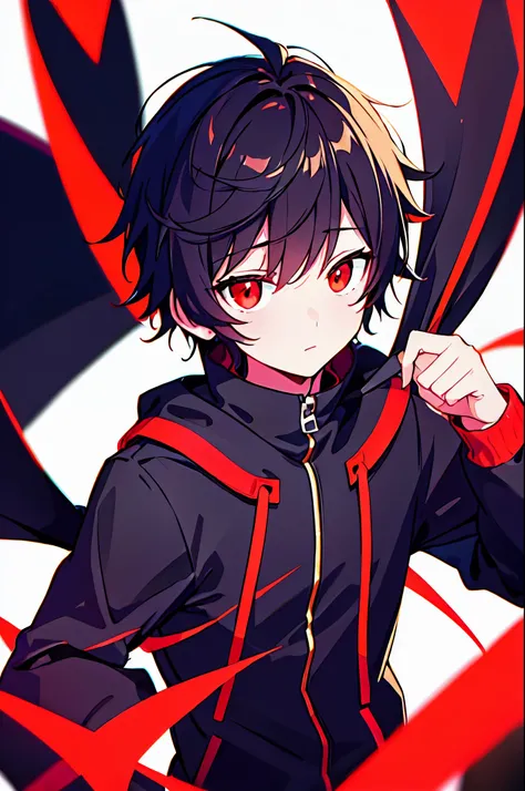 [(WHITE BACKGROUND:1.5),::5], ((((masterpiece)))), high quality, ultra_very_high_resolution, large_filesize, ((upper body)), (red base), full color, (solo), ((little younger boy)), ((men's black short hair)), red eyes, anime, neon light, black parka,