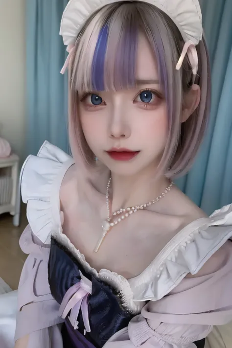 Hyper-realistic portrait of a young woman in a blue and white gingham maid outfit. Shot with a Canon EOS 5D Mark IV. She has short platinum blonde hair with straight bangs, accessorized with a blue maid headband featuring white lace, purple fluffy accents,...