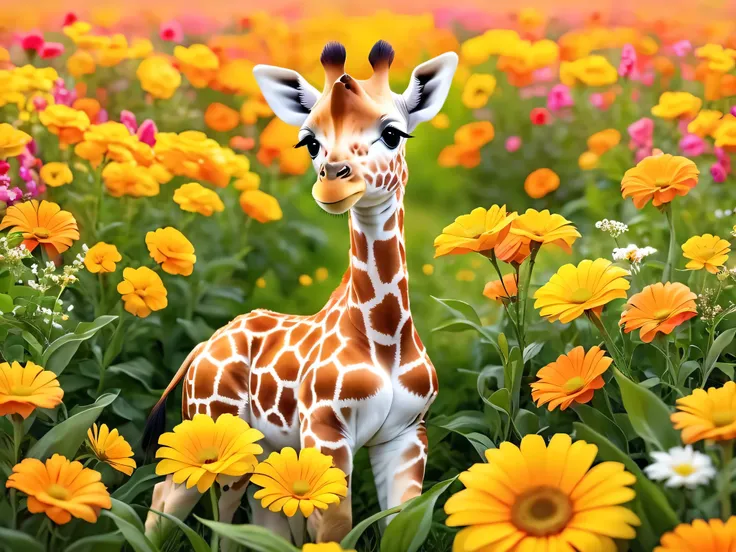 There is a cute baby giraffe in the flower field