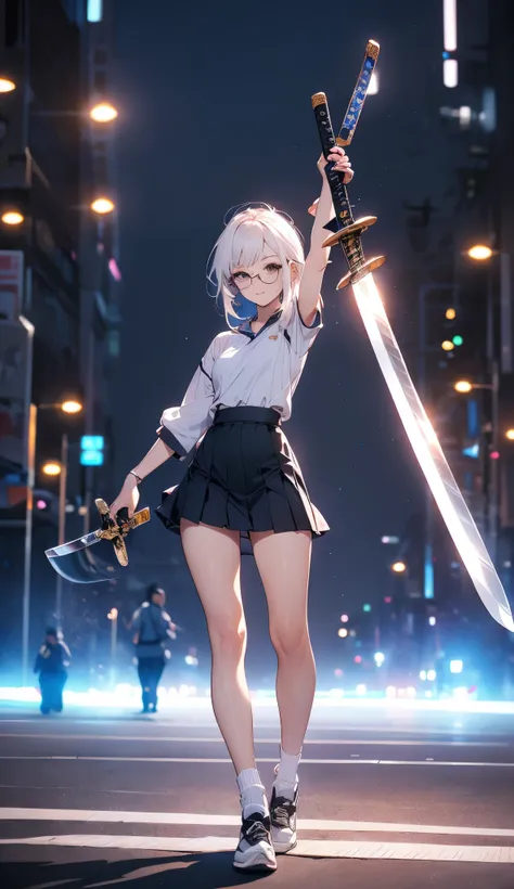 full body photo of a beautiful petite woman wearing round glasses, solo, sexy, extremely short tennis pleated skirt, very high black stockings, (((cheerful))), very undetcut hair, white hair, (((((segurando uma long sword a sua frente)))))