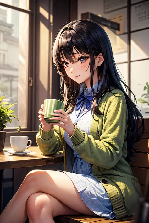 "long black hair,A poised Japanese woman in a delicate light green floral-embroidered dress with a soft cardigan. She sits at a traditional matcha café, gracefully holding a tea cup, her eyes calm and reflective as she enjoys the tranquil atmosphere."