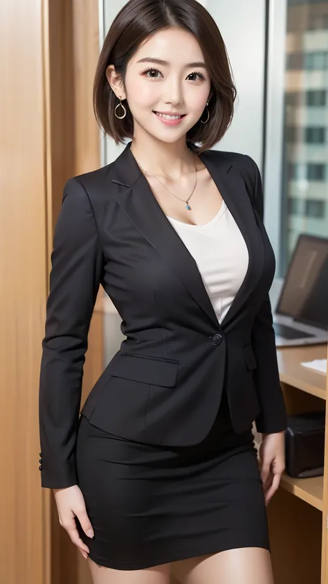  anatomically correct 5 fingers　 beautiful Korean woman in front of the machine　((( bob hair)))　 earrings　 thin necklace　 business suit　 Mini Pencil Skirt 　 office lady 　At the office　 looking at the camera　 cute charming smile