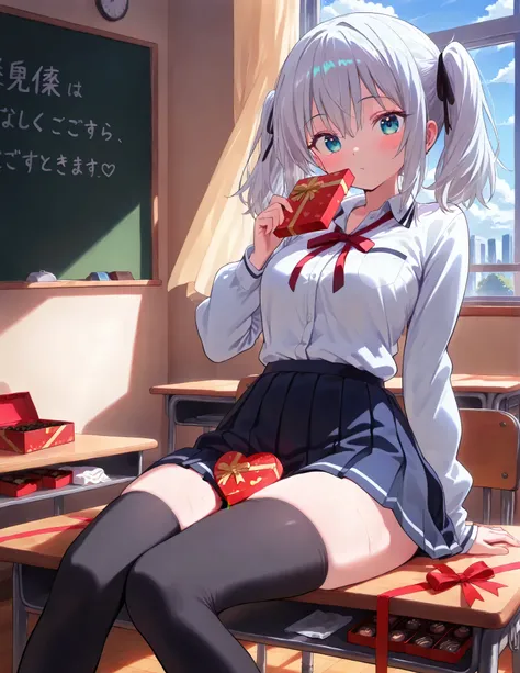 Masterpiece, best quality, ultra-detailed, anime-style illustration. A cute high school girl with short silver hair, sitting at a wooden desk in a cozy classroom. On the desk in front of her is a small, neatly wrapped Valentine's chocolate box with a red r...