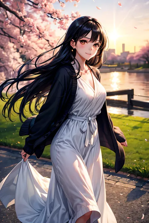 "long black hair,A refined woman in a greige long cardigan over a flowing white dress, strolling under cherry blossoms glowing in the warm hues of sunset. Her soft smile reflects the golden light, her movements graceful and unhurried.",(brown eyes)