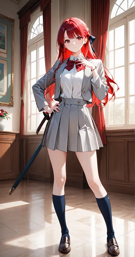 Her portrait is drawn in a with all body and front view, tight frame(1.3), 
She is beautiful.  
She is wearing school uniform, (holding a Japanese sword with both hands), (unsheathe draw a japanese sword), (a sheath), (Put your hand on the pattern of a Jap...