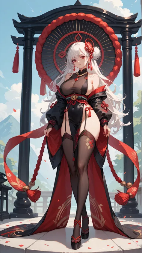 young woman in a black tight kunoichi outfit with long white hair with red eyes with accessories full body image with big breasts with a red hair ornament with black and a red diamond necklace