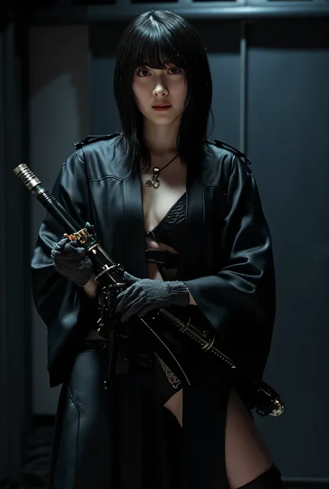 (((The dark interior of the Nostromo ship :2.0))),((( HR Gigger Style Cyberpunk Atmosphere :2.0))),((( swing up a cyberpunk-style Japanese sword:2.0))), Standing,((whole body:2.0)), one woman,( cute face),(Beautiful well-balanced face ),(( natural big brea...