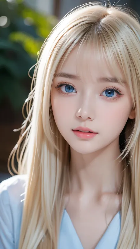 Very beautiful Scandinavian girl with Super long shining light blonde girl hair、very beautiful, extremely bright light blue , very bright light blue eyes 、 Very Big Eyes 、 portrait、目と目の間の bangs、 school uniforms、 ponytail on underwear 、 Young, Glo...