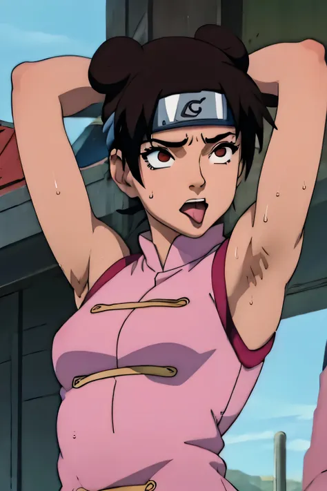 Tenten,human woman.with brown eyes and pink clothing. Her hair is long and brown in color; She is beautiful. Fair skin.Tsundere face. Pink eye shading,mature appearance,armpits,sweat,sweaty,sweaty armpits,arms up,showing armpits,awesome armpits,tongue