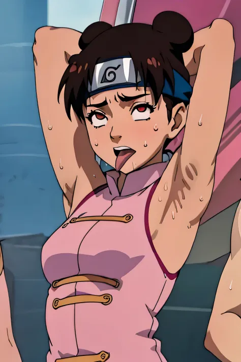 Tenten,human woman.with brown eyes and pink clothing. Her hair is long and brown in color; She is beautiful. Fair skin.Tsundere face. Pink eye shading,mature appearance,armpits,sweat,sweaty,sweaty armpits,arms up,showing armpits,awesome armpits,tongue