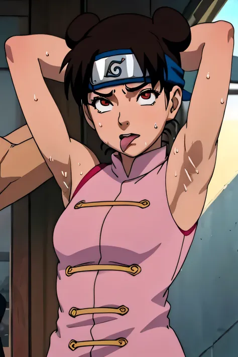 Tenten,human woman.with brown eyes and pink clothing. Her hair is long and brown in color; She is beautiful. Fair skin.Tsundere face. Pink eye shading,mature appearance,armpits,sweat,sweaty,sweaty armpits,arms up,showing armpits,awesome armpits,tongue