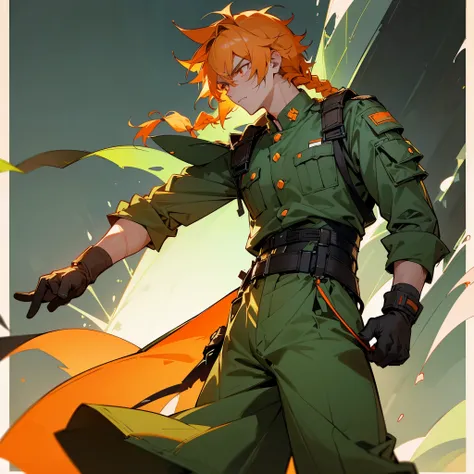 1male, adult, finely detailed neon orange eyes, (wild medium hair), front braid, light green hair, military combat clothing, baggy combat pants, serious expression, (perfect generation), standing on street, detailed background, gloves, scars, rolled up sle...