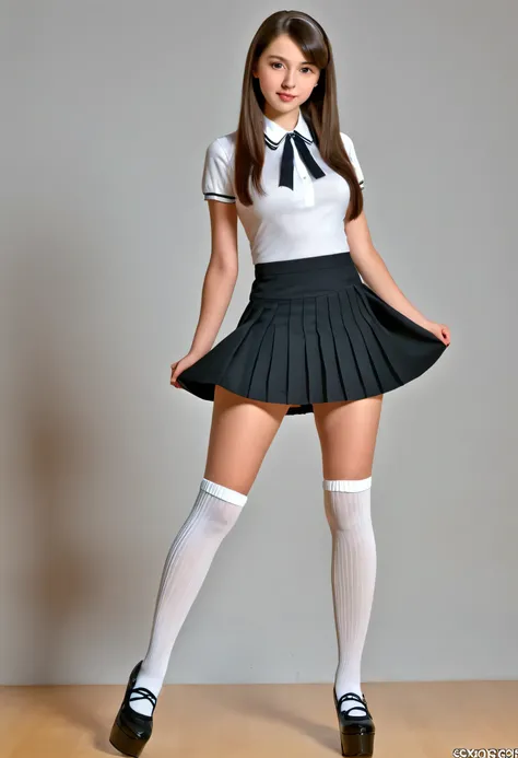 ( 1.5), European teenager, Brunette, Pretty faced teenager ,  white skin,  Beautiful girl's face, Beautiful ,  Big breasts ,  long legs,  BODY IN SHAPE, (sexy schoolgirl dress 1 .5),  naked torso, (pleated neckline miniskirt 1 .5), ( show legs and thighs )...