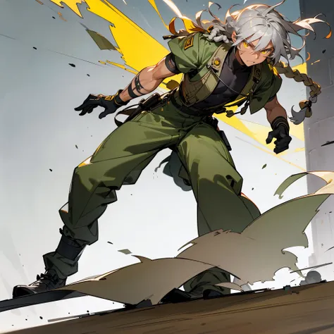 1male, adult, tan skin, finely detailed neon yellow eyes, (poofy medium hair), dreads, grey hair, military combat clothing, baggy combat pants, serious expression, (perfect generation), standing on street, detailed background, gloves, scars, rolled up slee...