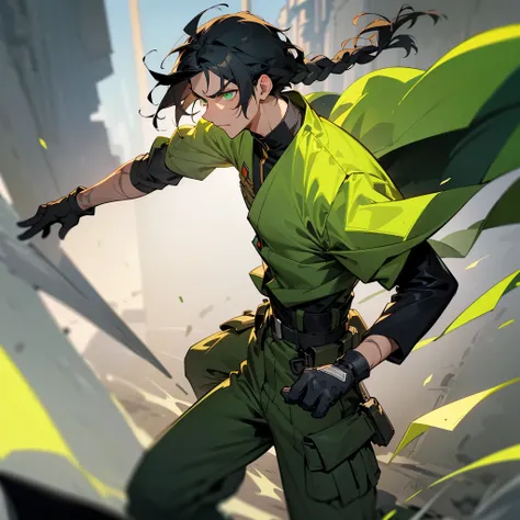 1male, adult, tan skin, finely detailed neon green eyes, (poofy medium hair), front braid, black hair, military combat clothing, baggy combat pants, serious expression, (perfect generation), standing on street, detailed background, gloves, scars, rolled up...