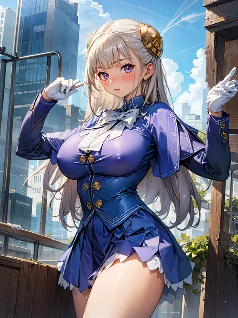 huge breasts,  Masterpiece,  top quality, Mid-up,  1 girl, alone, ingrid, Hair Pod,  Long Sleeve, white ribbon below neck,White gloves, blue purple dress ,blue-purple skirt, Brown pantyhose,Front view, Seductive face,background skyscraper roof,blush, sexy ...