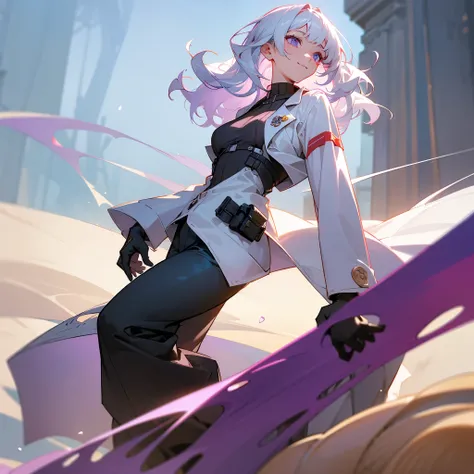 1female, adult, sexy, finely detailed neon purple eyes, (wavy medium hair), bangs, seashell white hair, lab coat, military combat clothing, loose undershirt, oversized baggy military combat pants, happy expression, (perfect generation), standing on street,...