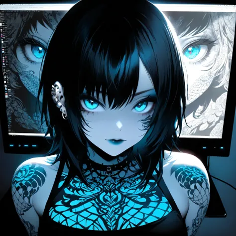 beautiful emo girl , sends me her erotic photos , illustration , bright colors , high-contrast lighting, dark background, tattoo teacher,piercing,emo makeup ,medium:2D art , ultra-detailed, realistic, ( perfect details: 1.5), ( illustration :1.1), ( Very...