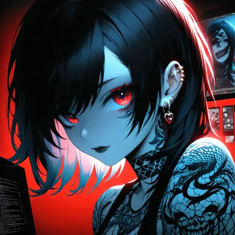 beautiful emo girl , sends me her erotic photos , illustration , bright colors , high-contrast lighting, dark background, tattoo teacher,piercing,emo makeup ,medium:2D art , ultra-detailed, realistic, ( perfect details: 1.5), ( illustration :1.1), ( Very...