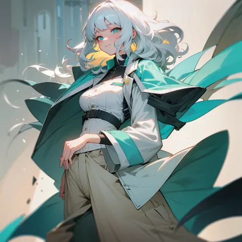 1female, adult, sexy, finely detailed neon aqua eyes, (wavy medium hair), bangs, seashell white hair, lab coat, military combat clothing, loose undershirt, oversized baggy military combat pants, happy expression, (perfect generation), standing on street, d...