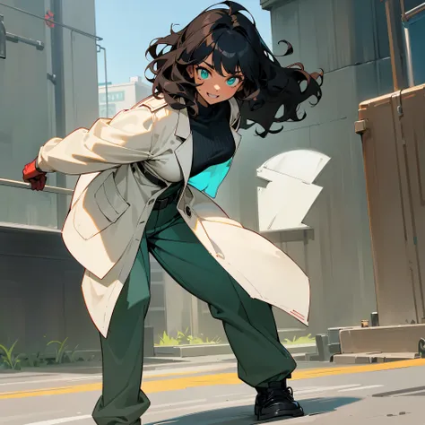 1female, adult, tan skin, sexy, finely detailed neon aqua eyes, (wavy medium hair), bangs, black hair, lab coat, military combat clothing, loose undershirt, oversized baggy military combat pants, happy expression, (perfect generation), standing on street, ...