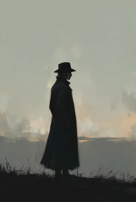  “An evocative image that captures the liminal moment of twilight ,  where light mixes with darkness .  A silhouette of a person wearing a long coat and a hat, without a certain sex ,  contemplates the horizon from behind 

