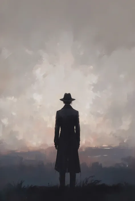  “An evocative image that captures the liminal moment of twilight ,  where light mixes with darkness .  A silhouette of a person wearing a long coat and a hat, without a certain sex ,  contemplates the horizon from behind 

