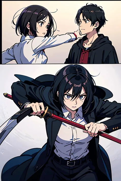 Mikasa Ackerman, with a sword, attacking a black-robed vampire, combat scenes, duel, choreography and fight poses, vignettes, several panels.
