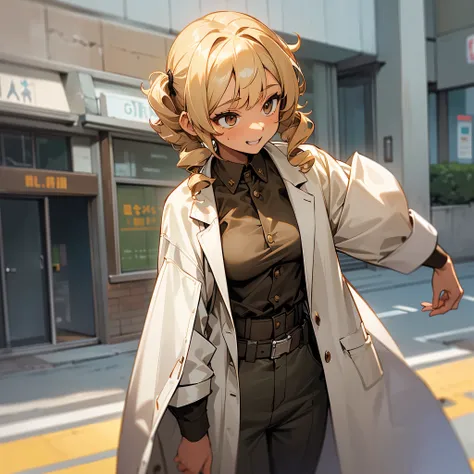 1female, adult, tan skin, sexy, finely detailed hazel eyes, (curly medium hair), bangs, drill pigtails, blonde hair, lab coat, military combat clothing, loose undershirt, oversized baggy military combat pants, happy expression, (perfect generation), standi...