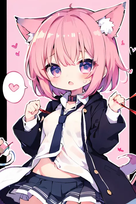 nsfw,  Oversized Jacket  、  pink hair、  short hair  、 Collared 、 ,  elementary school girl wearing a collar and leash、Elementary school girl with cat ears 、((((( )))))、heart❤、((sweat、vapor)）、flattery、   embarrassed、 Tiny Breasts 、 Chained 、Name tag