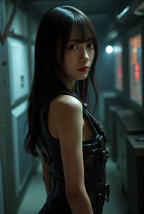 (((The dark interior of the Nostromo ship :2.0))),((( HR Gigger Style Cyberpunk Atmosphere :2.0))),(((Hold a cyberpunk-style Japanese sword:2.0))),Side view from the back ,Side pose,(( Look Back and Look at the Camera:2.0)),(( Looking Over My Shoulder :2.0...