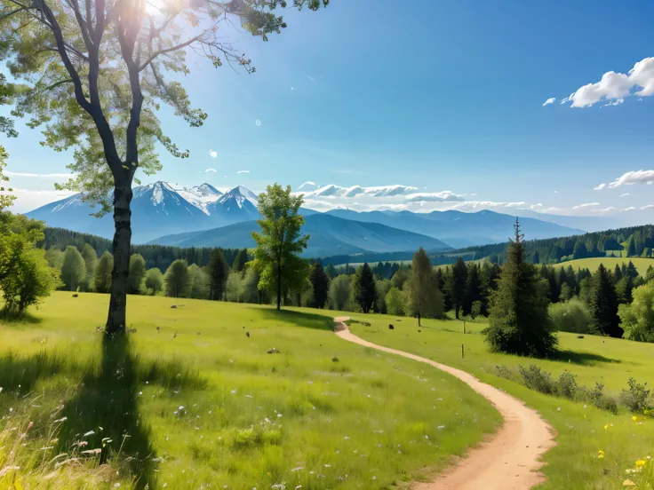 A dense forest filled up with lots of tress, green tress, beautiful tress, light green tress, calming admosphere , summer forest, clean weather, optimism, (image is taken from the top of a hill with grass),blue sky, no clouds, perfect sky, sunny day, mount...