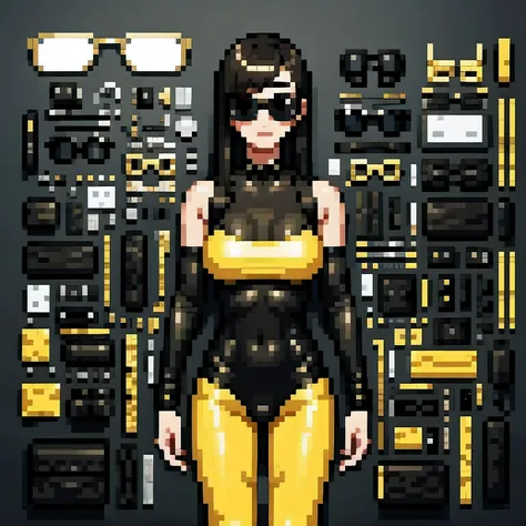 wearing gold frame reflective sunglasses {x} cyberpunk, black,  ，Focus