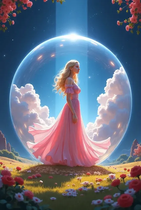 Glinda from the wizard of oz movie standing in side her flying round bubble that ((completely surrounds her whole body head to toe)), in the air floating