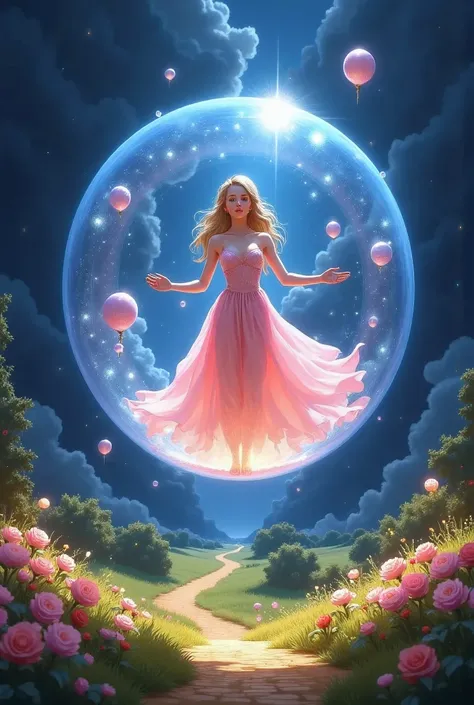 Glinda from the wizard of oz movie standing in side her flying round bubble that ((completely surrounds her whole body head to toe)), in the air floating