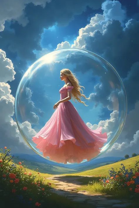 Glinda from the wizard of oz movie standing in side her flying round bubble that ((completely surrounds her whole body head to toe)), in the air floating