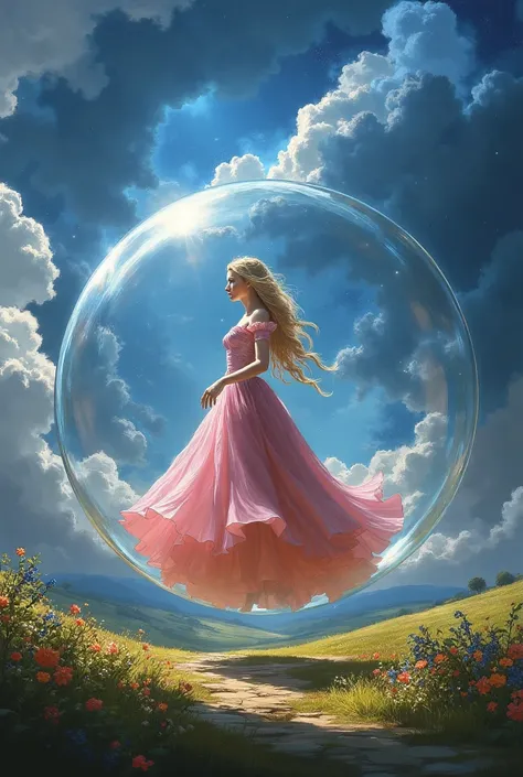 Glinda from the wizard of oz movie standing in side her flying round bubble that ((completely surrounds her whole body head to toe)), in the air floating