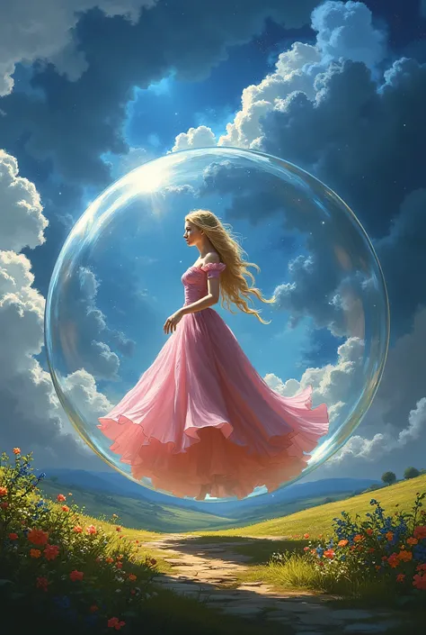 Glinda from the wizard of oz movie standing in side her flying round bubble that ((completely surrounds her whole body head to toe)), in the air floating