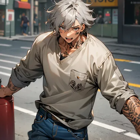 1male, adult, tan skin, finely detailed grey eyes (messy medium hair), grey color hair, flannel shirt, baggy jeans, excited expression, (perfect generation), standing on street, detailed background, neck tattoo